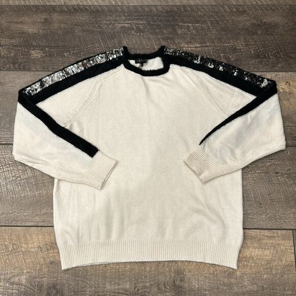 1.STATE Sequin Sleeve Stripe Cotton Blend Crewneck Sweater Cream Size L - Picture 3 of 11